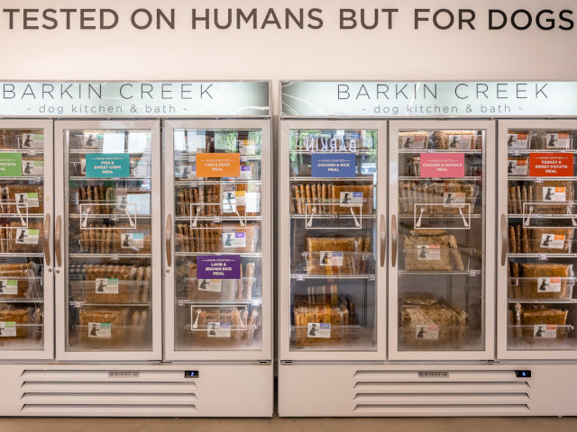 Barkin' Creek at The Village Dallas offers an enormous selection of human-quality dog food, home-baked Treats, and Cookies, as well as our famous Chicken and Cow Bark.